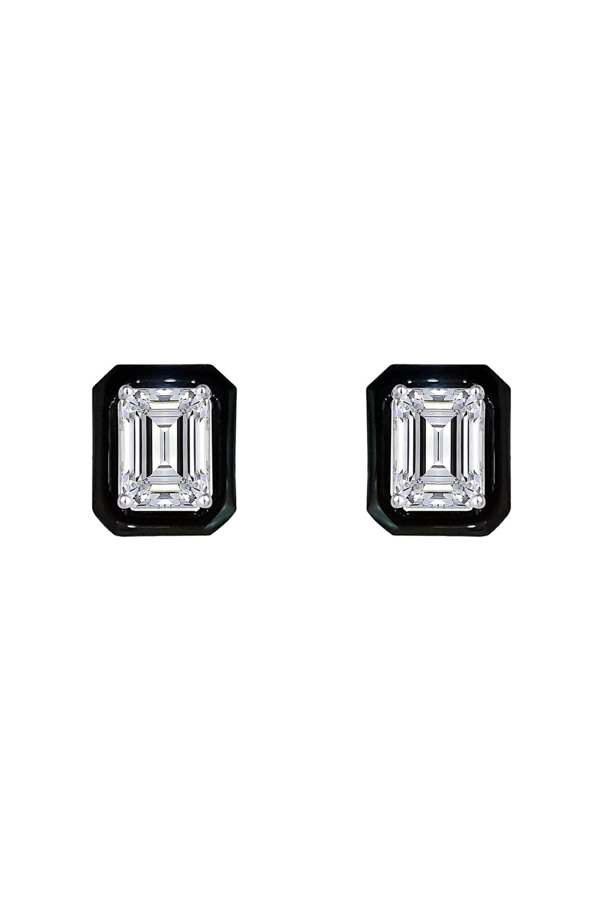 White Finish Swarovski Zirconia Black Enameled Stud Earrings In Sterling Silver
