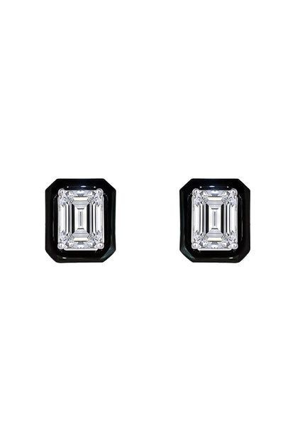 White Finish Swarovski Zirconia Black Enameled Stud Earrings In Sterling Silver