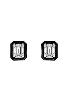 White Finish Swarovski Zirconia Black Enameled Stud Earrings In Sterling Silver