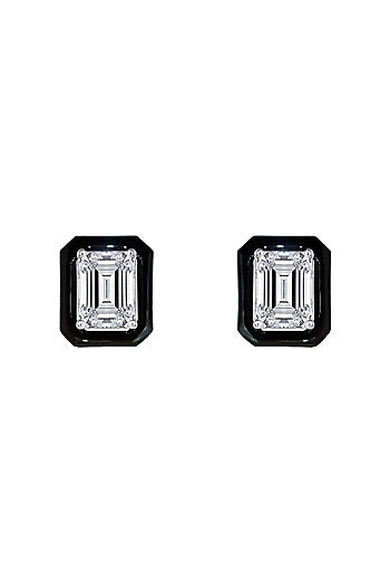 White Finish Swarovski Zirconia Black Enameled Stud Earrings In Sterling Silver
