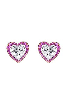 White Finish White & Pink Swarovski Zirconia Heart-Shaped Stud Earrings In Sterling Silver