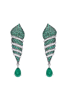 White Finish Green Stone & Swarovski Zirconia Dangler Earrings In Sterling Silver