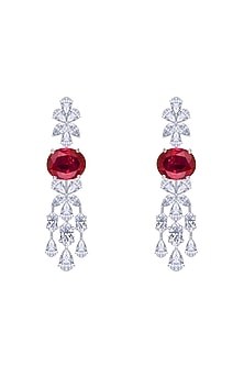 White Finish Ruby Stone & Swarovski Zirconia Chandelier Earrings In Sterling Silver
