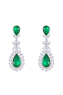 White Finish Emerald Stone & Swarovski Zirconia Chandelier Earrings In Sterling Silver