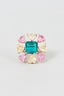 Rose Gold Finish Swarovski Zirconia & Emerald Stone Ring In Sterling Silver