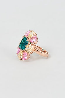 Rose Gold Finish Swarovski Zirconia & Emerald Stone Ring In Sterling Silver