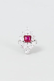 White Finish Emerald Cut Red Stone Ring In Sterling Silver