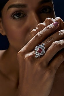 White Finish Emerald Cut Red Stone Ring In Sterling Silver