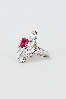 White Finish Emerald Cut Red Stone Ring In Sterling Silver
