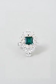 White Finish Emerald Cut Green Stone Ring In Sterling Silver