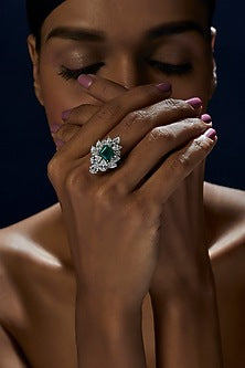 White Finish Emerald Cut Green Stone Ring In Sterling Silver