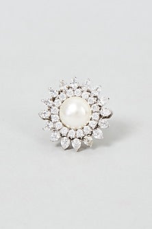 White Finish Swarovski Zirconia & Pearl Ring In Sterling Silver