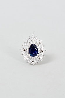 White Finish Emerald Cut Blue Stone Ring In Sterling Silver