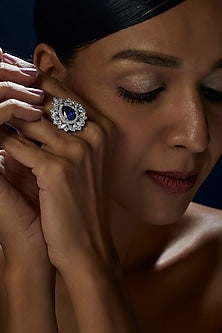 White Finish Emerald Cut Blue Stone Ring In Sterling Silver