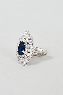 White Finish Emerald Cut Blue Stone Ring In Sterling Silver