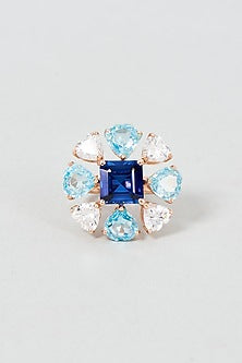 White Finish Emerald Cut Blue Stone Ring In Sterling Silver