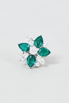 White Finish Green & White Stone Ring In Sterling Silver