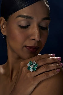 White Finish Green & White Stone Ring In Sterling Silver