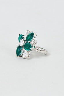 White Finish Green & White Stone Ring In Sterling Silver