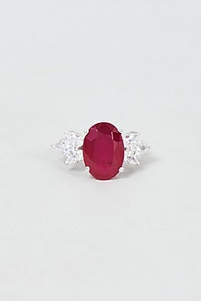 White Finish Oval Cut Red Stone Ring In Sterling Silver