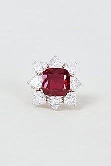 White Finish Princess Cut Red Stone Ring In Sterling Silver
