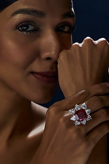 White Finish Princess Cut Red Stone Ring In Sterling Silver