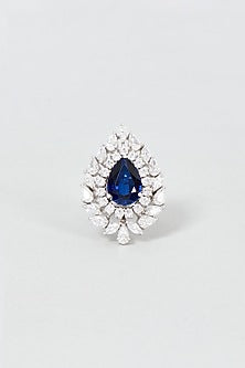 White Finish Swarovski Zirconia & Blue Stone Ring In Sterling Silver