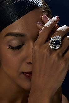 White Finish Swarovski Zirconia & Blue Stone Ring In Sterling Silver