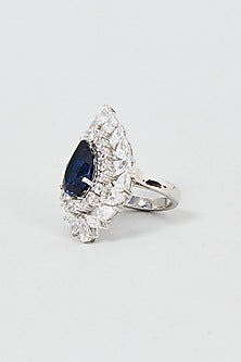 White Finish Swarovski Zirconia & Blue Stone Ring In Sterling Silver