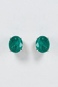 White Finish Green Oval Cut Swarovski Zirconia Stud Earrings In Sterling Silver