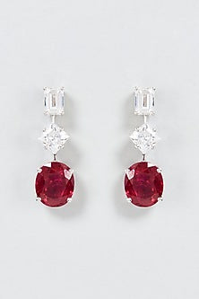 White Finish Red & White Oval Cut Swarovski Zirconia Stud Earrings In Sterling Silver