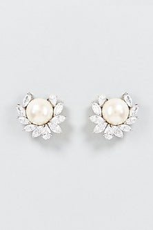 White Finish Swarovski Zirconia & Pearl Earclips In Sterling Silver