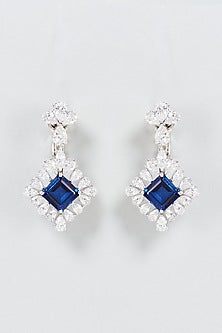 White Finish Princess Cut Blue Stone Dangler Earrings In Sterling Silver