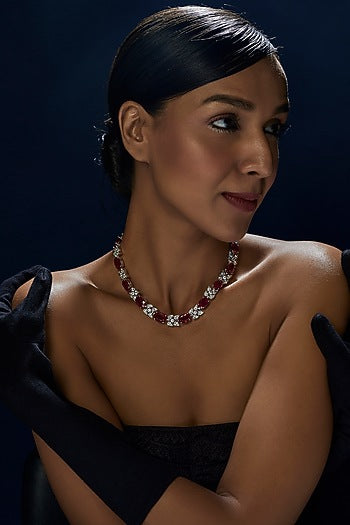 White Finish Red & White Swarovski Zirconia Necklace In Sterling Silver