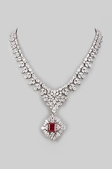 White Finish Swarovski Zircon & Red Stone Necklace In Sterling Silver