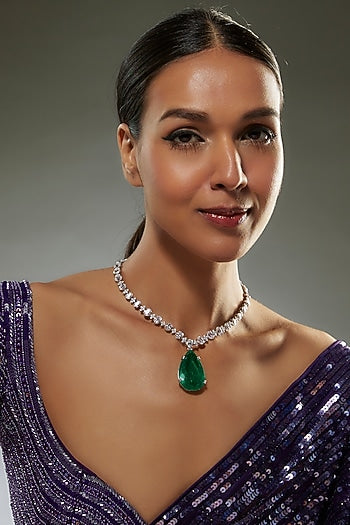 White Finish Swarovski Zircon & Emerald Synthetic Stone Necklace In Sterling Silver