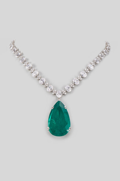 White Finish Swarovski Zircon & Emerald Synthetic Stone Necklace In Sterling Silver