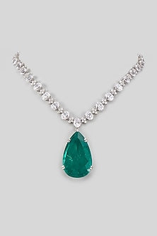 White Finish Swarovski Zircon & Emerald Synthetic Stone Necklace In Sterling Silver