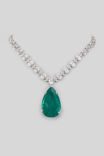 White Finish Swarovski Zircon & Emerald Synthetic Stone Necklace In Sterling Silver