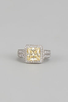 White Finish Yellow Emerald Cut & Swarovski Zirconia Ring In Sterling Silver