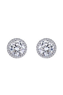 White Finish Round-Shaped Swarovski Zirconia Halo Stud Earrings In Sterling Silver
