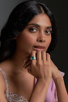White Finish Emerald & Swarovski Zirconia Ring In Sterling Silver