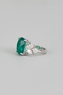White Finish Emerald & Swarovski Zirconia Ring In Sterling Silver