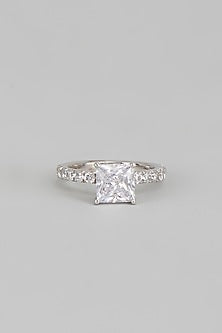 White Finish Princess Cut Swarovski Zirconia Ring In Sterling Silver