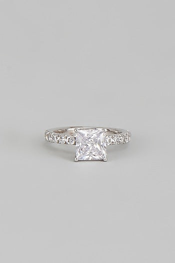 White Finish Princess Cut Swarovski Zirconia Ring In Sterling Silver