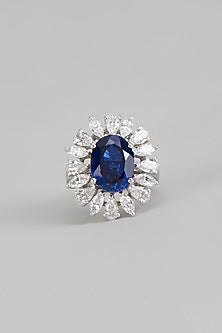 White Finish Sapphire & Swarovski Zirconia Ring In Sterling Silver