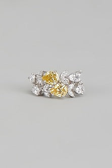 White Finish Yellow Pear Shaped Swarovski Zirconia Ring In Sterling Silver