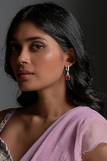 White Finish Ruby Synthetic & Swarovski Zirconia Dangler Earrings In Sterling Silver