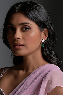 White Finish Emerald Synthetic & Swarovski Zirconia Dangler Earrings In Sterling Silver
