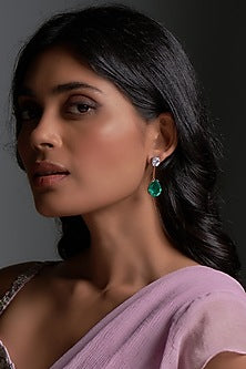 White Finish Emerald Synthetic & Swarovski Zirconia Dangler Earrings In Sterling Silver